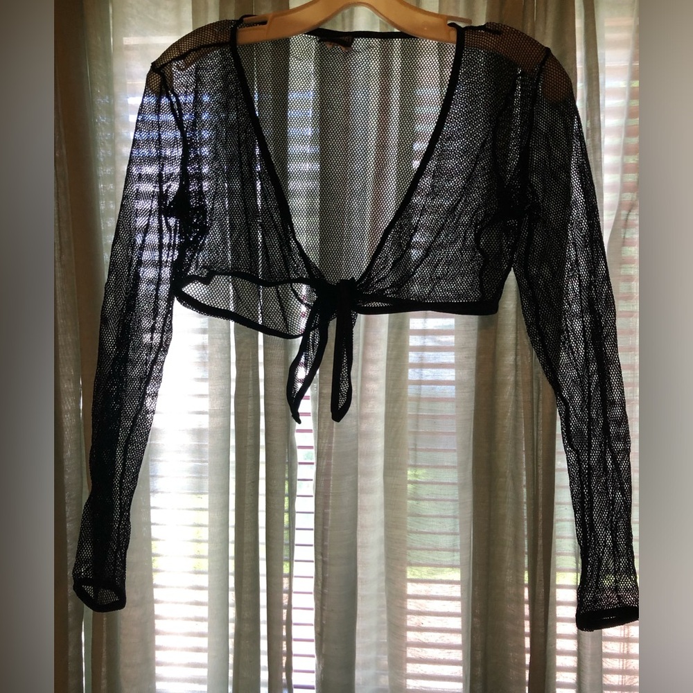Frederick's of Hollywood Black Mesh Long Sleeve Shear Crop Top, Tie-Front